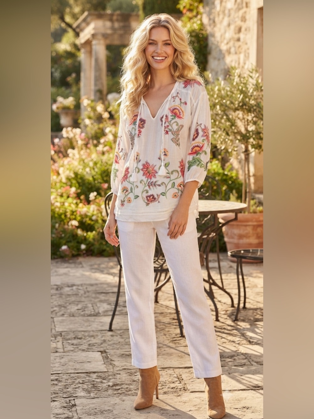 New Johnny Was White Blouse with Pink, Green & Yellow Floral Embroidery